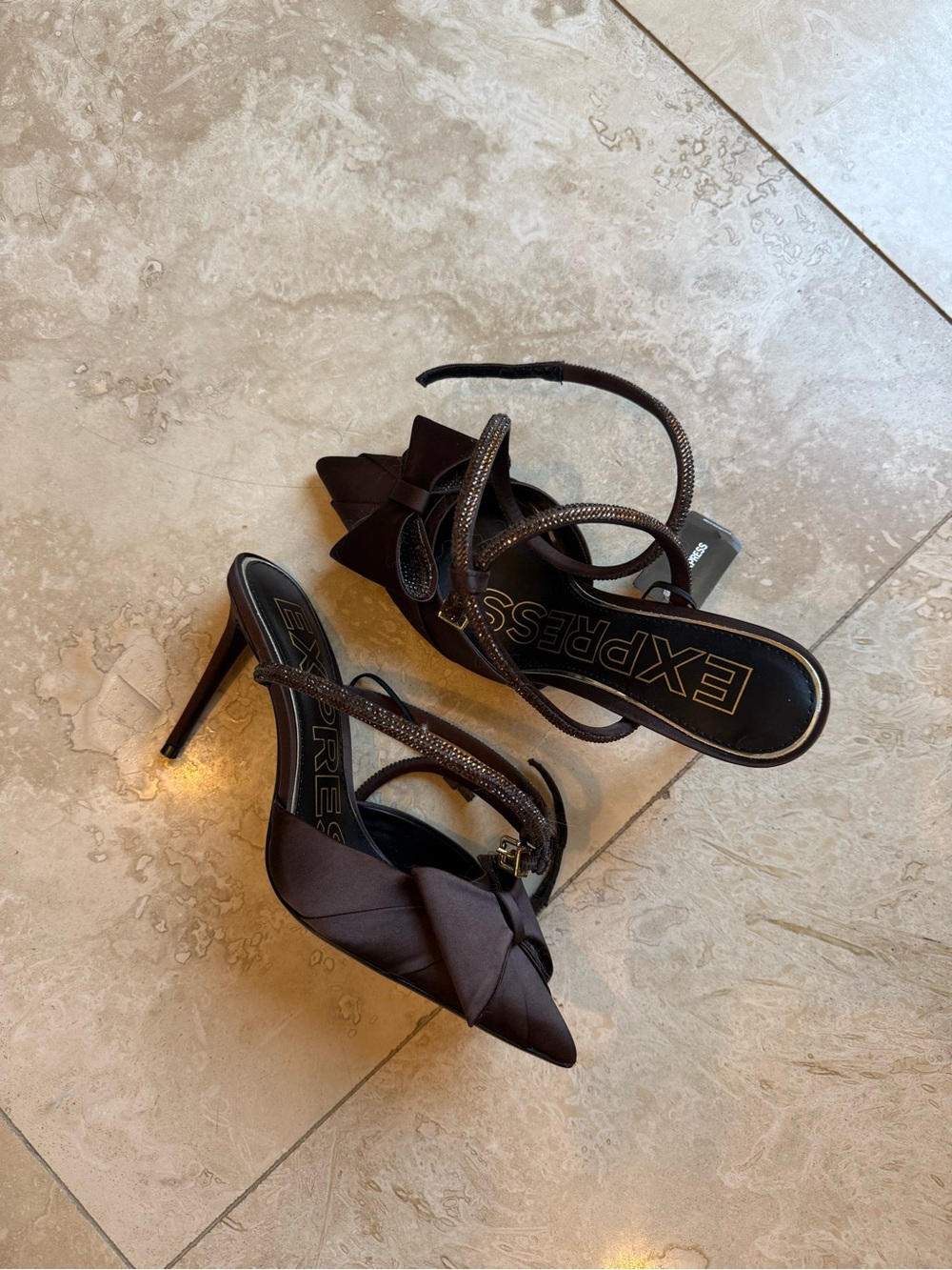 NWT Express Women's Dark Brown Satin Knot Pointed Stiletto Heels